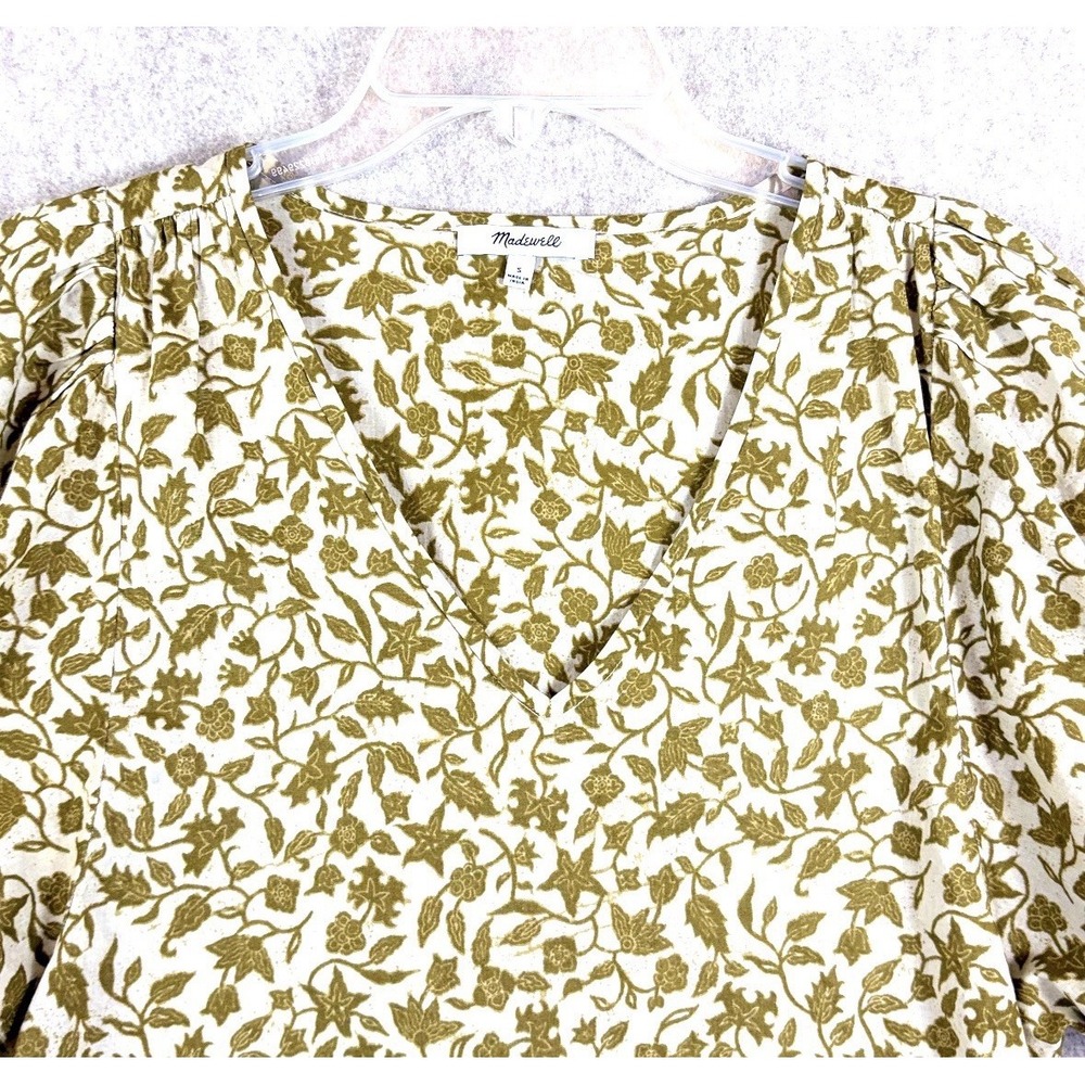 Madewell Batik Vine Floral Blouse Small Puff Sleeve V Neck 100% Cotton Boho - Picture 3 of 11